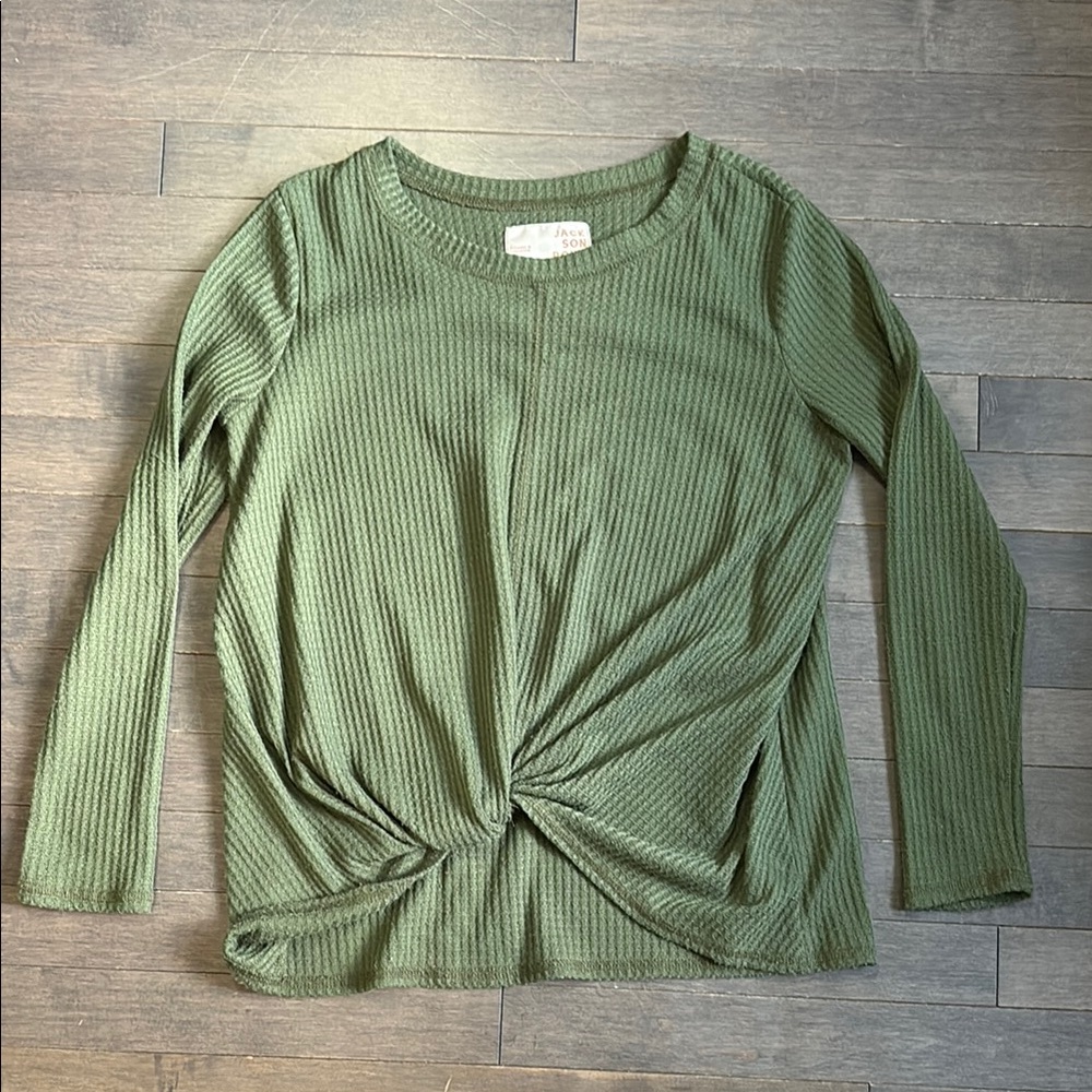 Jackson Rowe Green Ribbed Waffle Knit Long Sleeve Knotted Top Women’s S